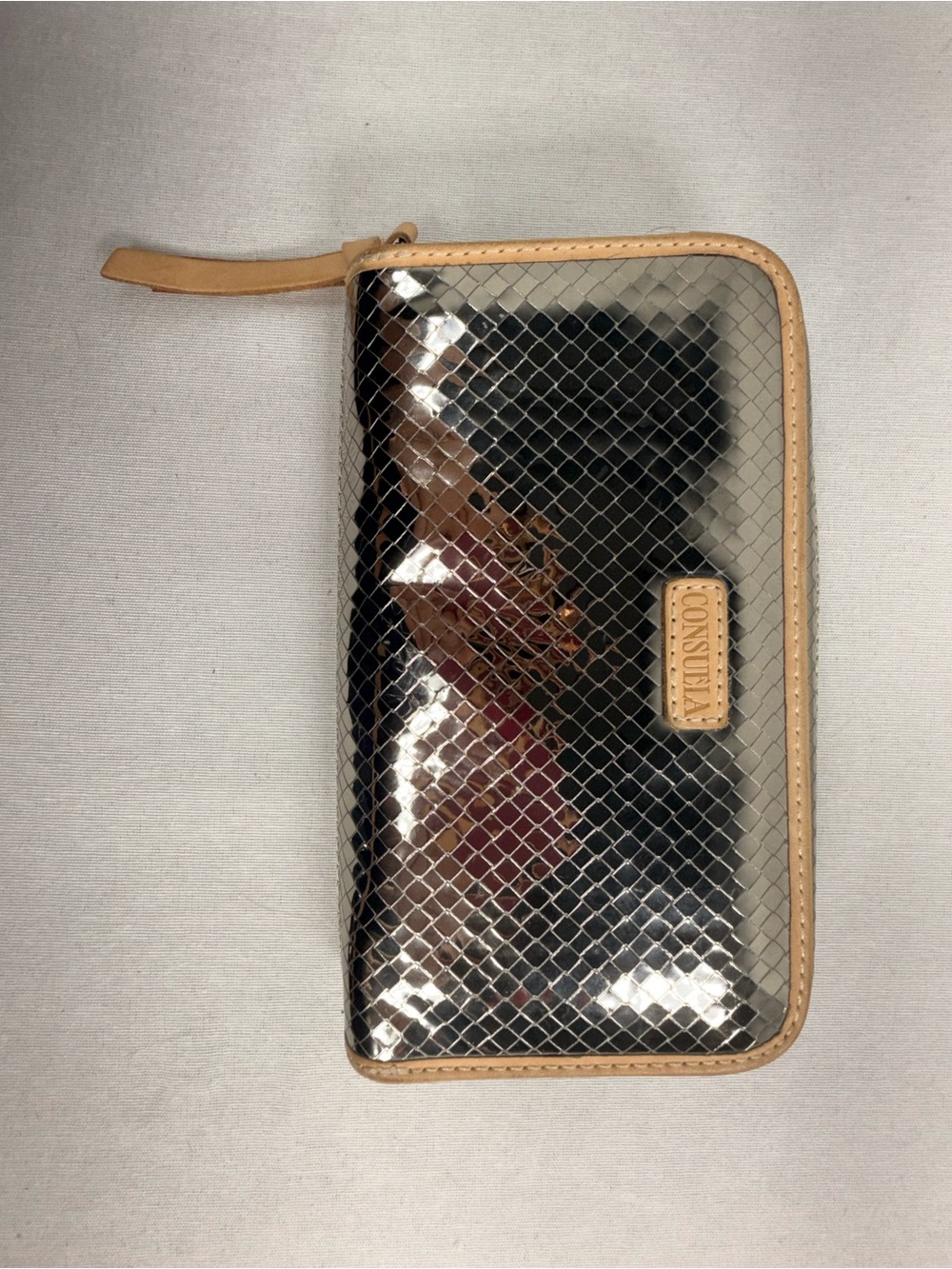 NEW Consuela Metallic Silver Zip Wallet with Tan Trim and Weave Pattern